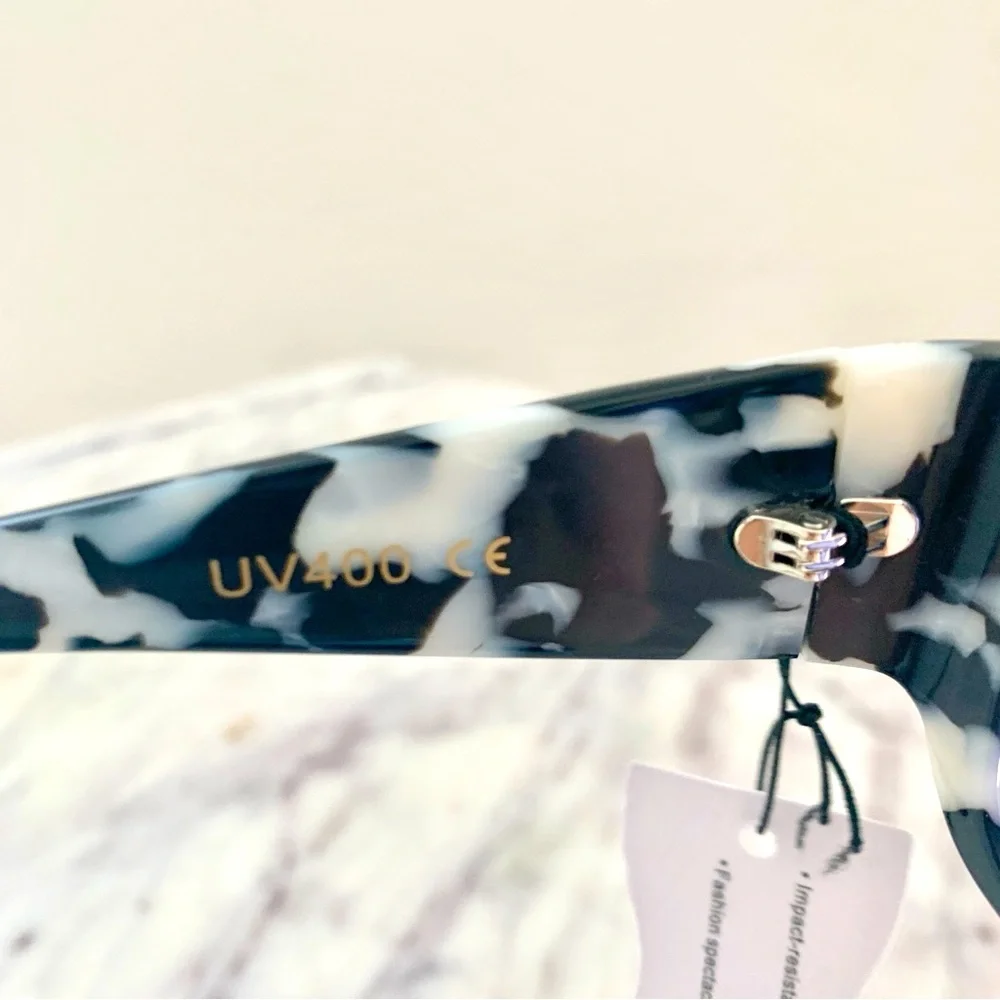 INDY Maui Sunglasses in Black White Marble Tortoise Blue Lens Anthropologie - Picture 10 of 16